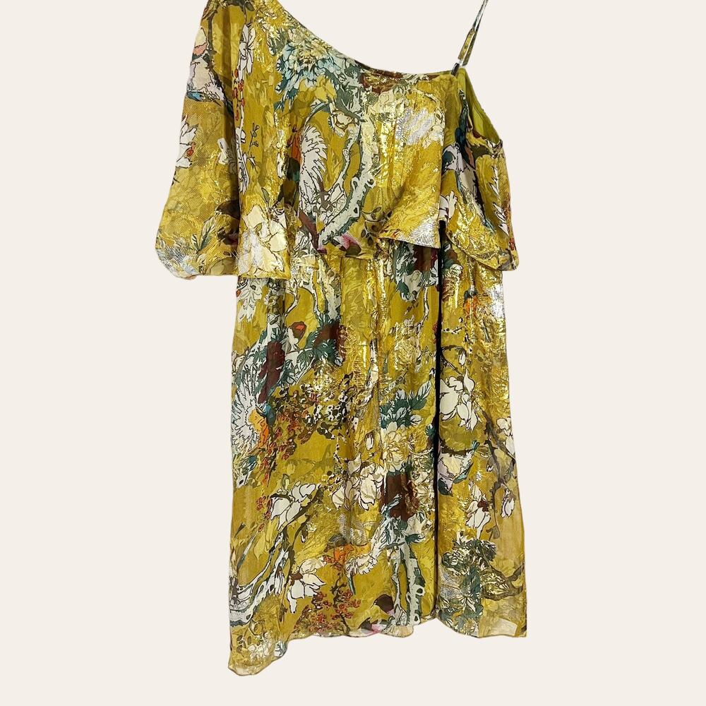 Hemant and Nandita Yellow Silk Metallic One Shoulder Mini Dress Size M